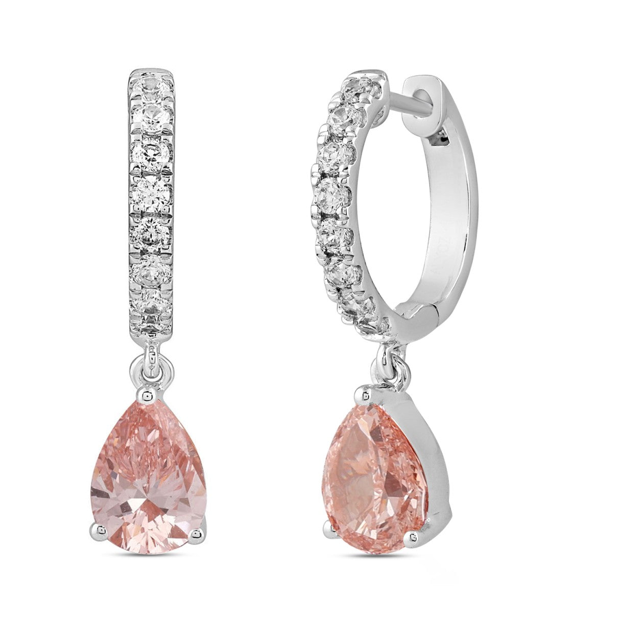 ETERNAL BLUSH COLLECTION 14K WHITE/ROSE GOLD 2.00CT ROUND/PINK PEAR DIAMOND LADIES HOOPS EARRINGS