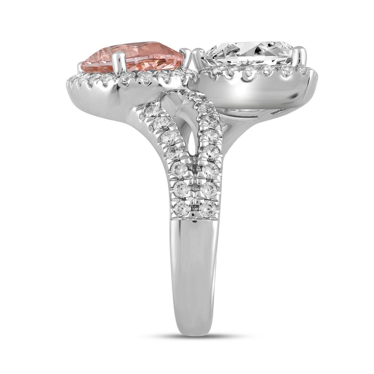ETERNAL BLUSH COLLECTION LADIES RING 4 3/4CT ROUND/PEAR DIAMOND 14K WHITE GOLD (CENTER STONE PINK PEAR DIAMOND 2CT)