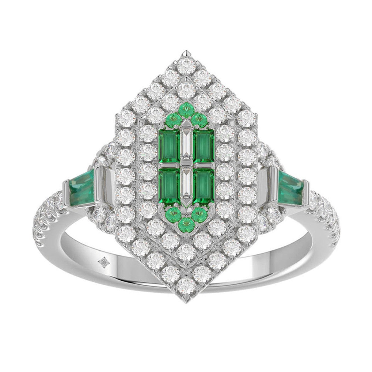 14K WHITE GOLD 1 1/6CT ROUND/BAGUETTE/EMERALD DIAMOND LADIES RING (GREEN EMERALD BAGUETTE DIAMOND 1/6CT)