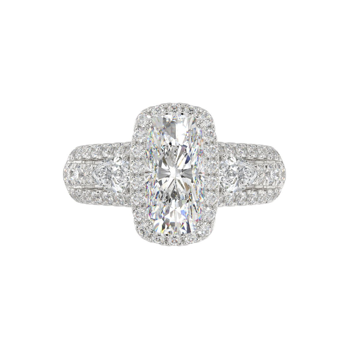 21K PLATINUM LADIES RING 3 1/2CT ROUND/PEAR/CUSHION/BAGUETTE DIAMOND (CENTER STONE CUSHION DIAMOND 2CT)