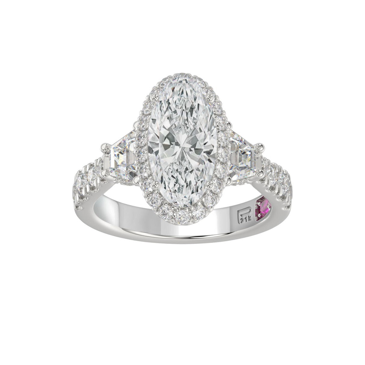 21K PLATINUM LADIES RING 3 1/4CT ROUND/OVAL/TRAPEZOID/BAGUETTE DIAMOND (CENTER STONE OVAL DIAMOND 2CT)