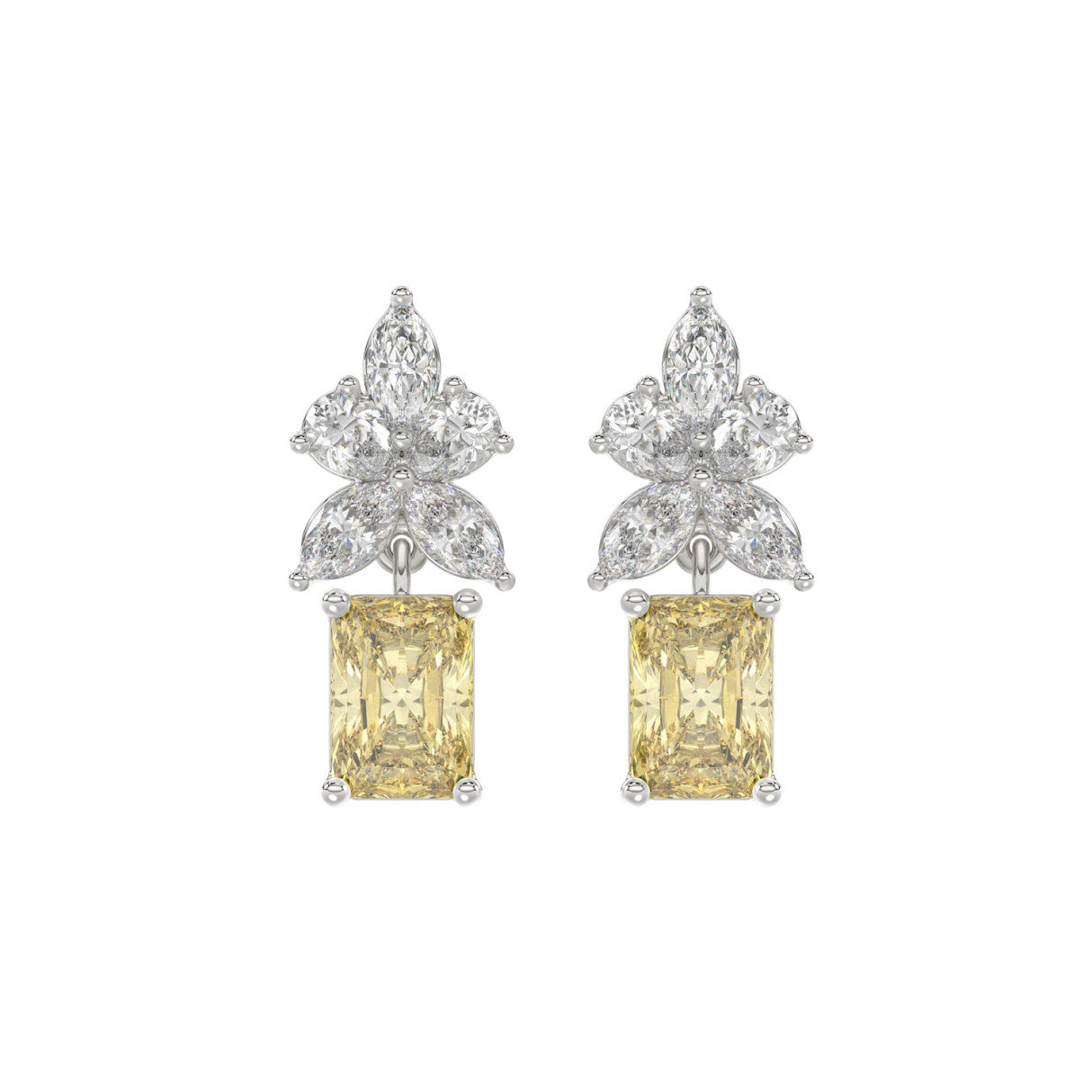 14K WHITE GOLD 3.00CT PEAR/MARQUISE/YELLOW RADIANT DIAMOND LADIES EARRING (CENTER STONE RADIANT DIAMOND 1CT)