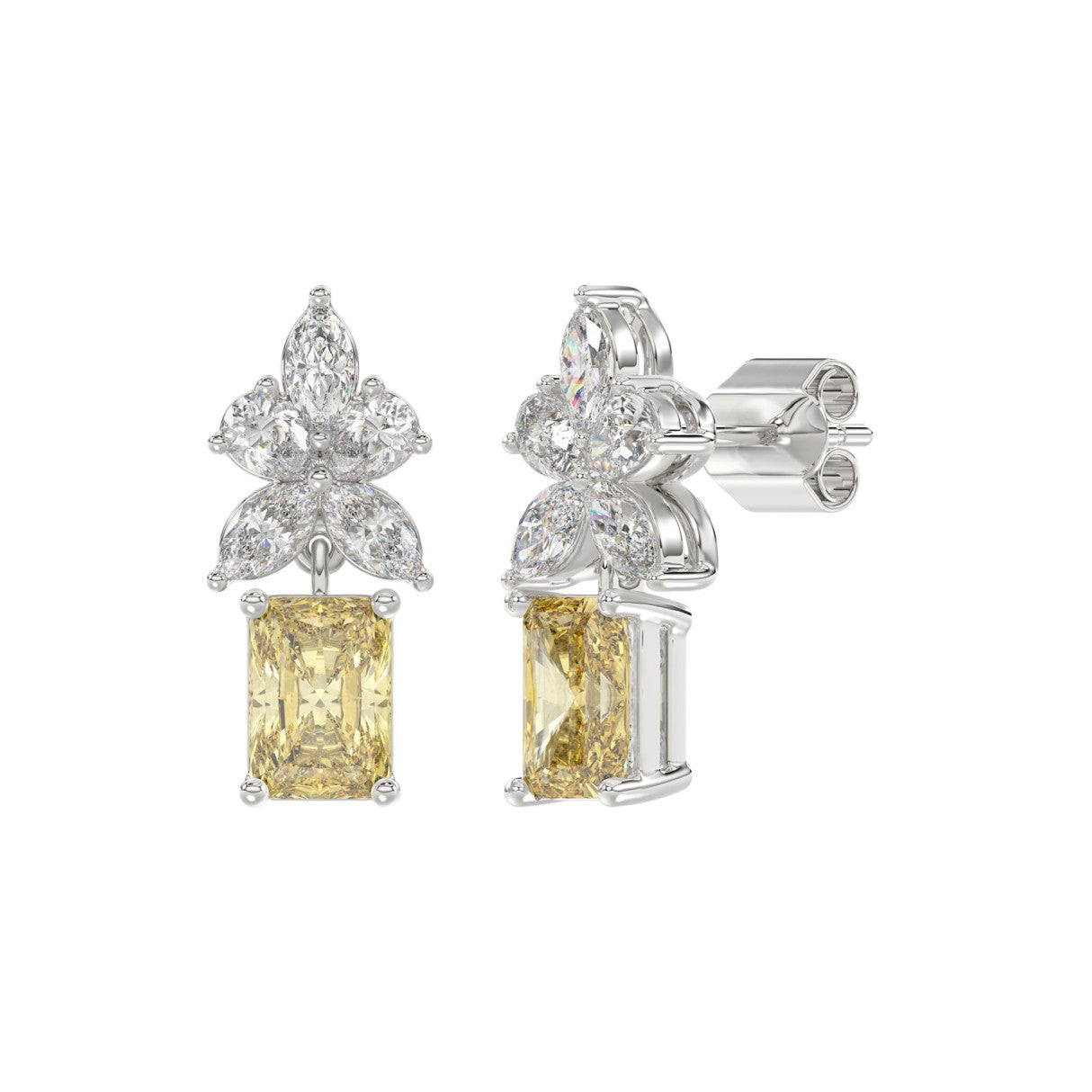 14K WHITE GOLD 3.00CT PEAR/MARQUISE/YELLOW RADIANT DIAMOND LADIES EARRING (CENTER STONE RADIANT DIAMOND 1CT)