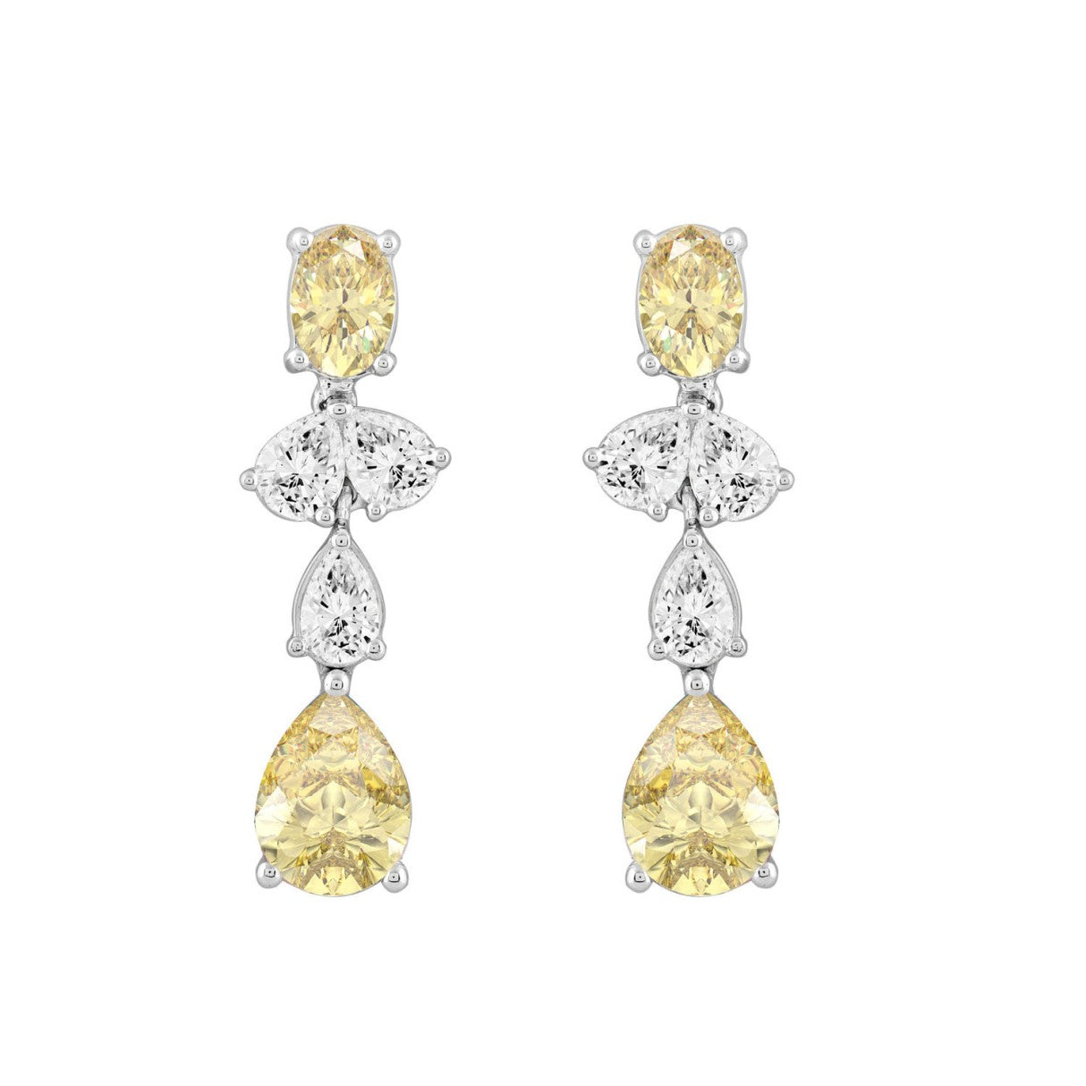 14K WHITE GOLD 3 1/2CT OVAL/PEAR DIAMOND LADIES EARRINGS (YELLOW PEAR DIAMOND 3/4CT/YELLOW OVAL DIAMOND 1/2CT)