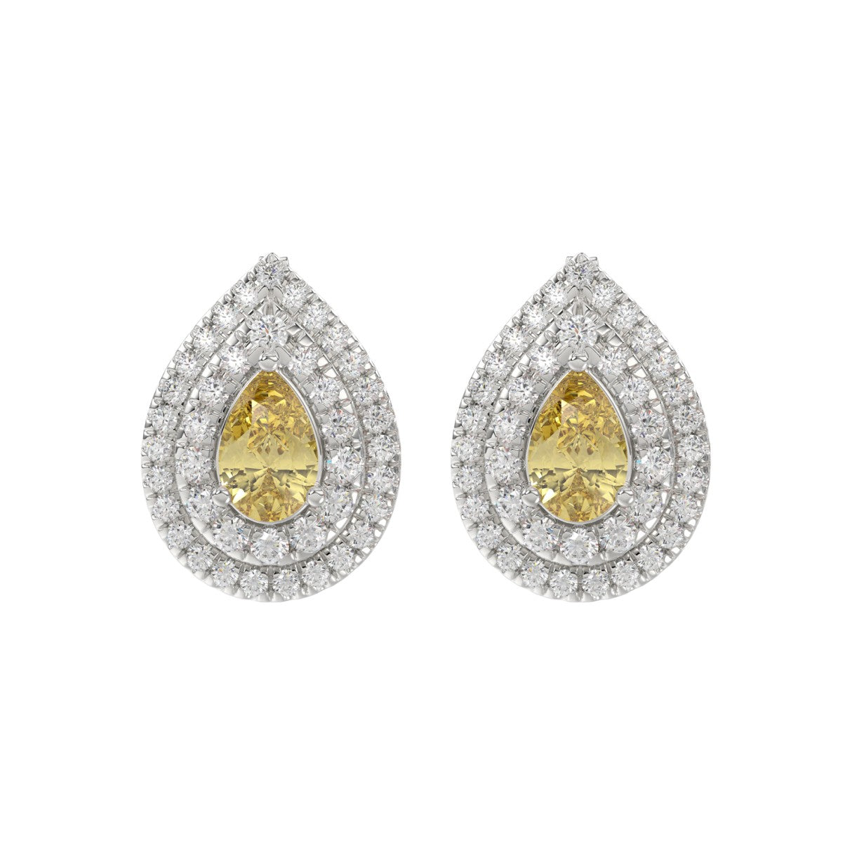 14K WHITE GOLD CRAFTED WITH 18K YELLOW GOLD BACK PLATE 3 1/4CT ROUND/YELLOW PEAR DIAMOND LADIES EARRINGS