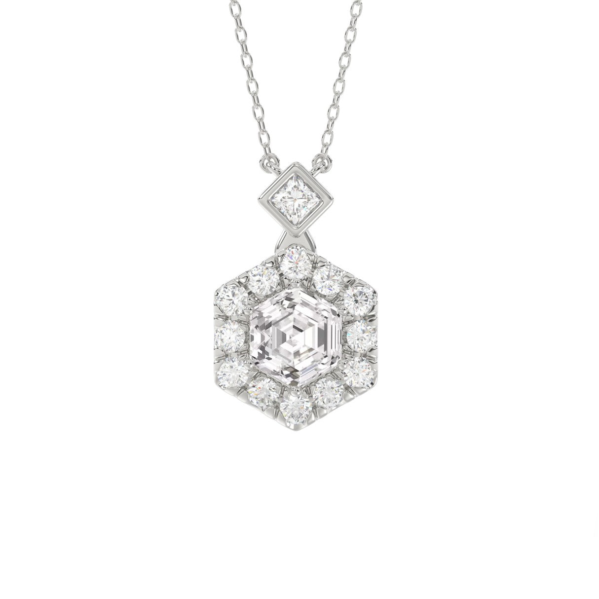 14K WHITE GOLD 1 1/2CT ROUND/HEXAGON DIAMOND LADIES PENDANT
