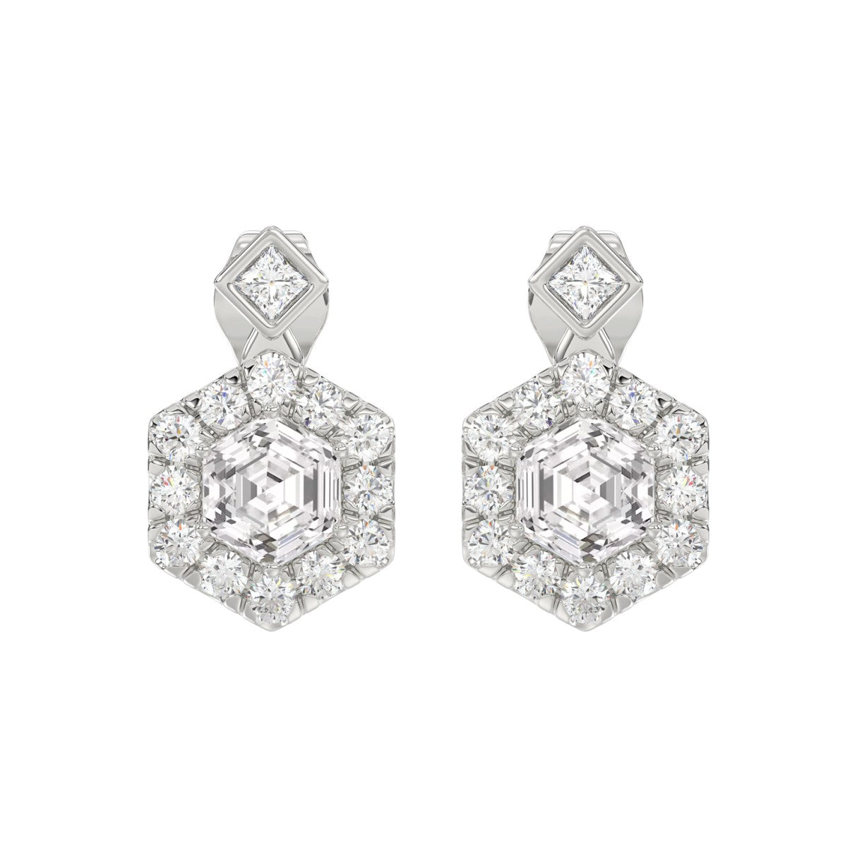 14KWHITE GOLD 2 1/4CT ROUND/HEXAGON STEP CUT DIAMOND LADIES EARRINGS