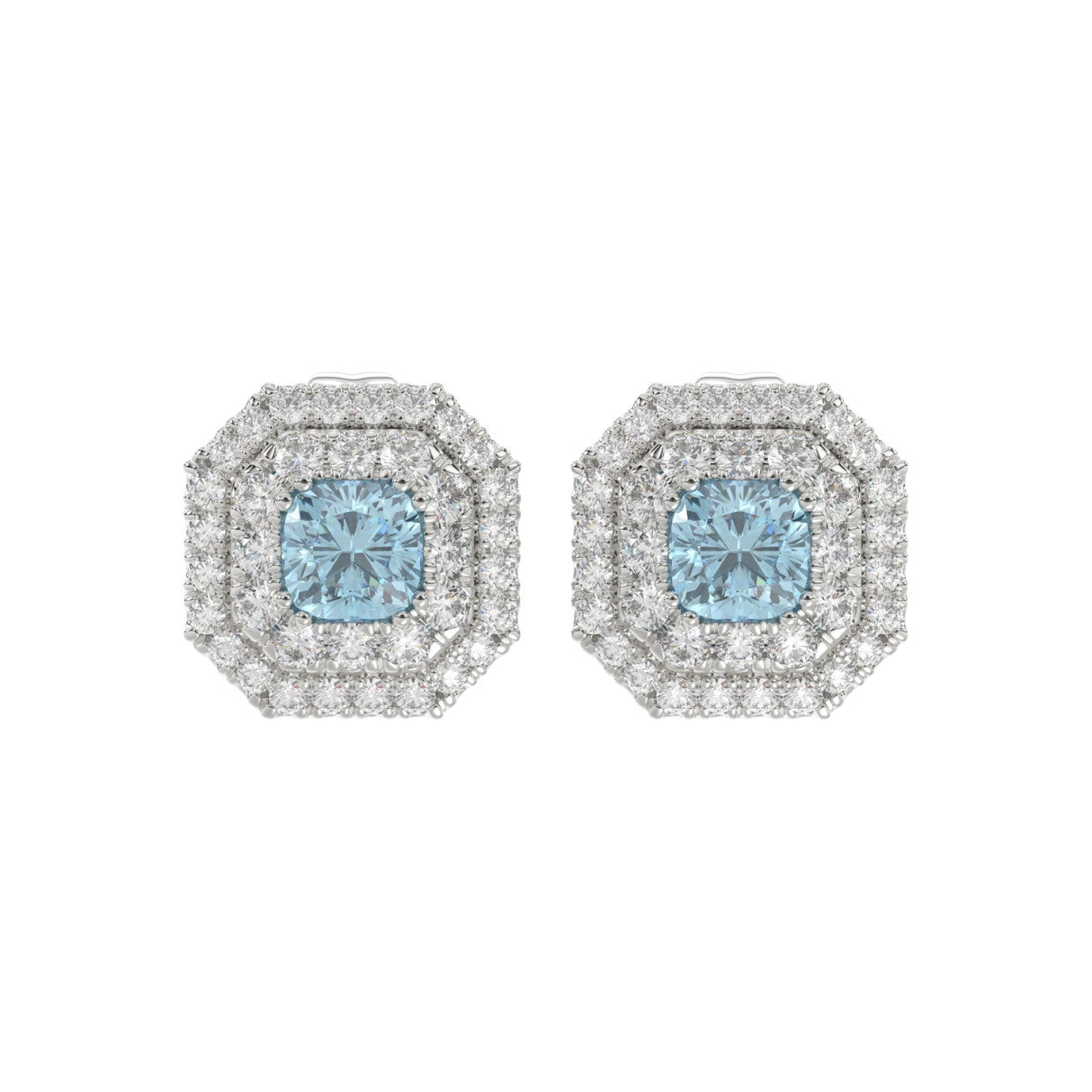 14K WHITE GOLD CRAFTED WITH 18K YELLOW GOLD BACK PLATE 1 1/2CT ROUND/BLUE CUSHION DIAMOND LADIES EARRINGS