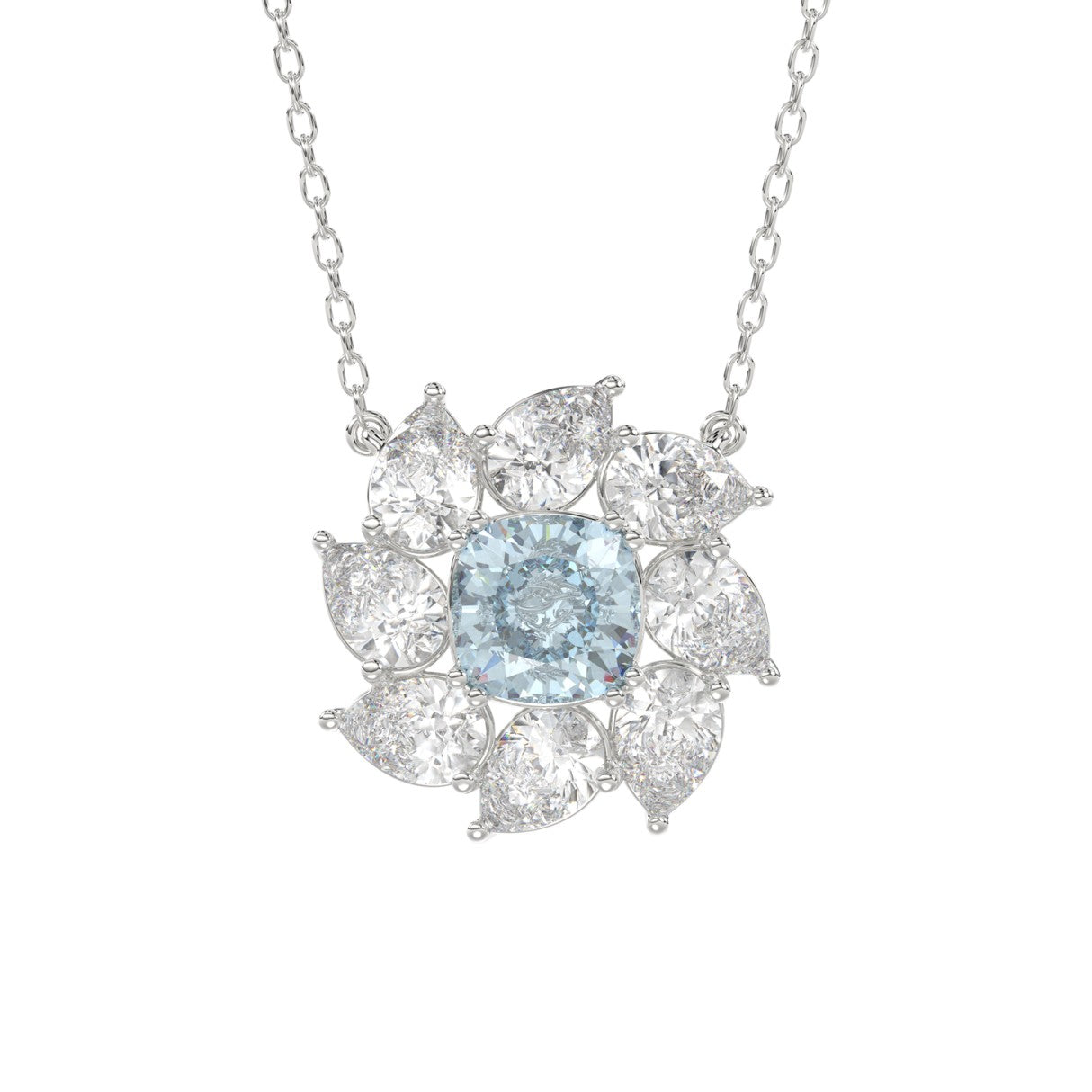 14K WHITE GOLD CRAFTED WITH 18K YELLOW GOLD BACK PLATE 2CT PEAR/BLUE CUSHION DIAMOND LADIES NECKLACE WITH CHAIN